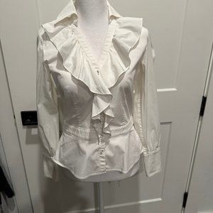 White Cotton Fitted Ruffle Blouse Ann Taylor 2P